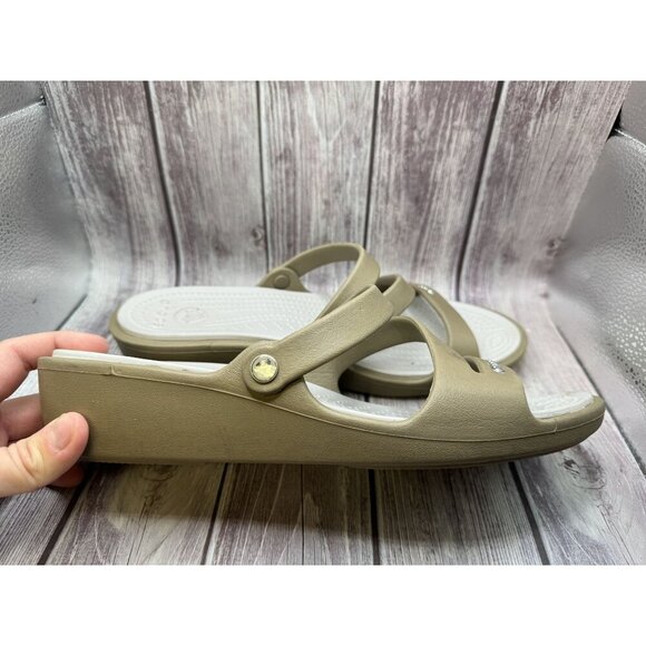 Crocs Patricia Two Toned Taupe Low Wedge Slip On Sandal Women's Size 10 - Picture 2 of 11